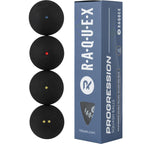 Raquex Progression Squash Balls - Tube of 4 Mixed Balls - 4 Speed Options per Tube - Red Dot Blue Dot Yellow Dot and Double Yellow Dot for Professional Competitors. WSF Approved
