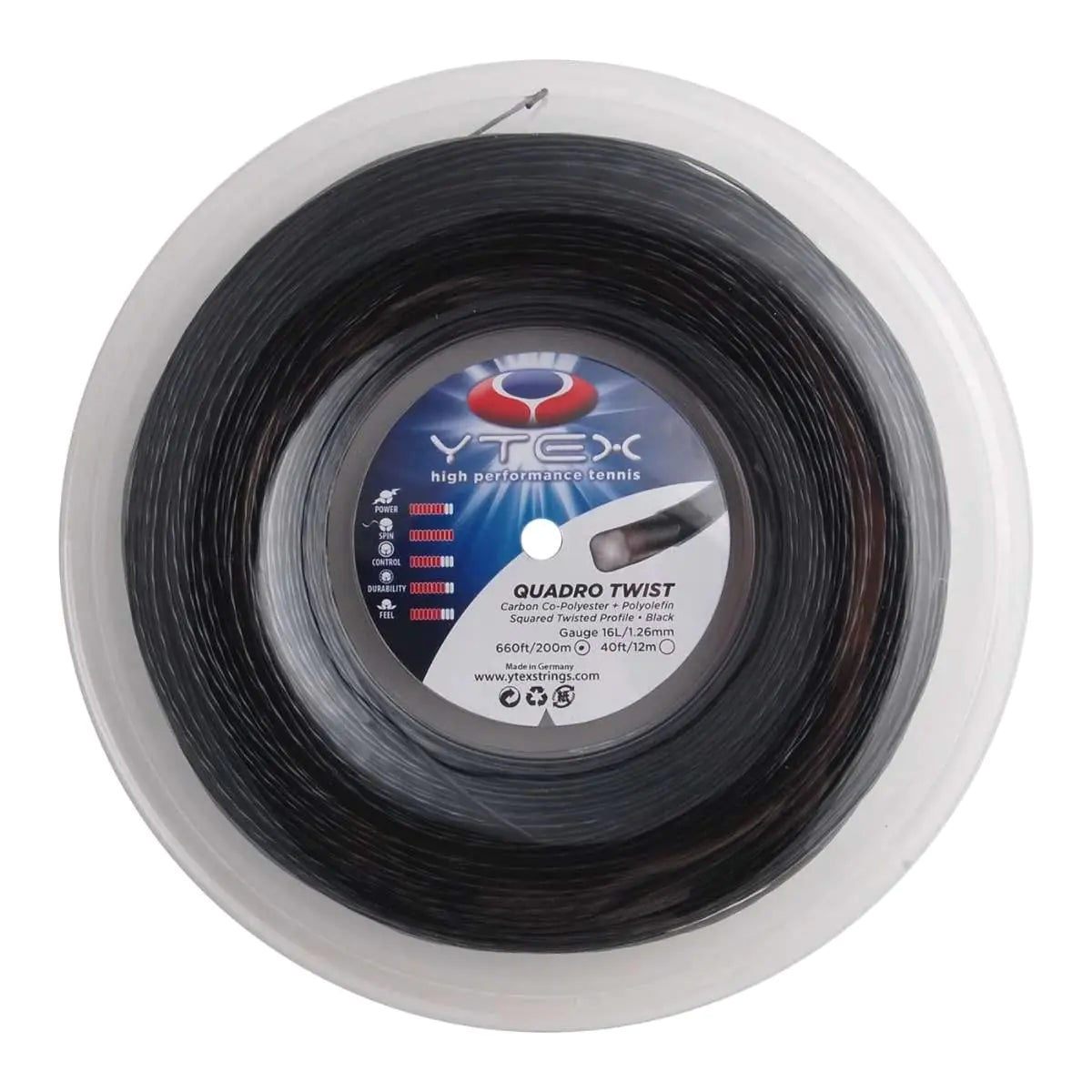 YTEX Quadro Twist Black Spin-Focused Tennis String Reel (16 Gauge 1.26mm)
