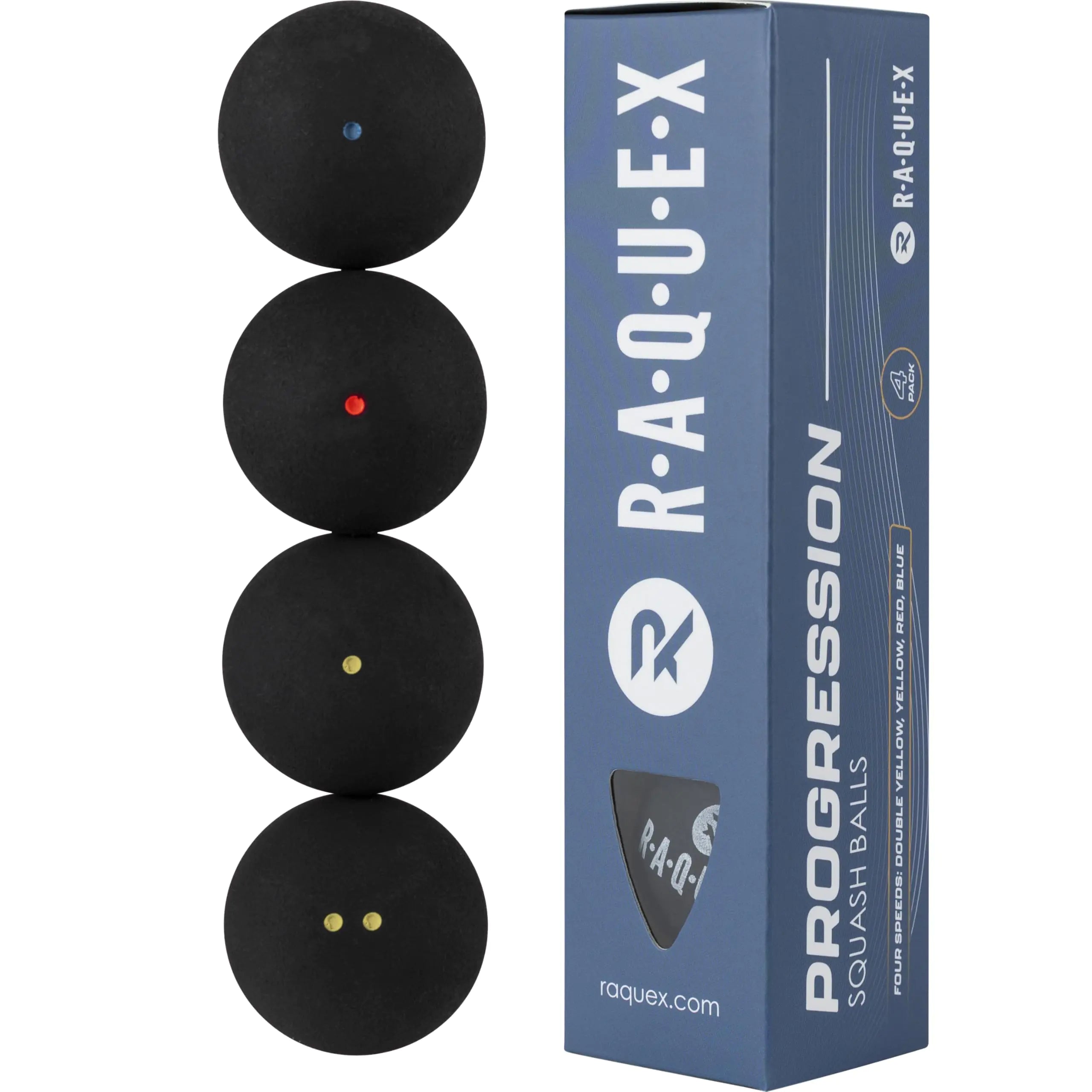 Raquex Progression Squash Balls - Tube of 4 Mixed Balls - 4 Speed Options per Tube - Red Dot Blue Dot Yellow Dot and Double Yellow Dot for Professional Competitors. WSF Approved