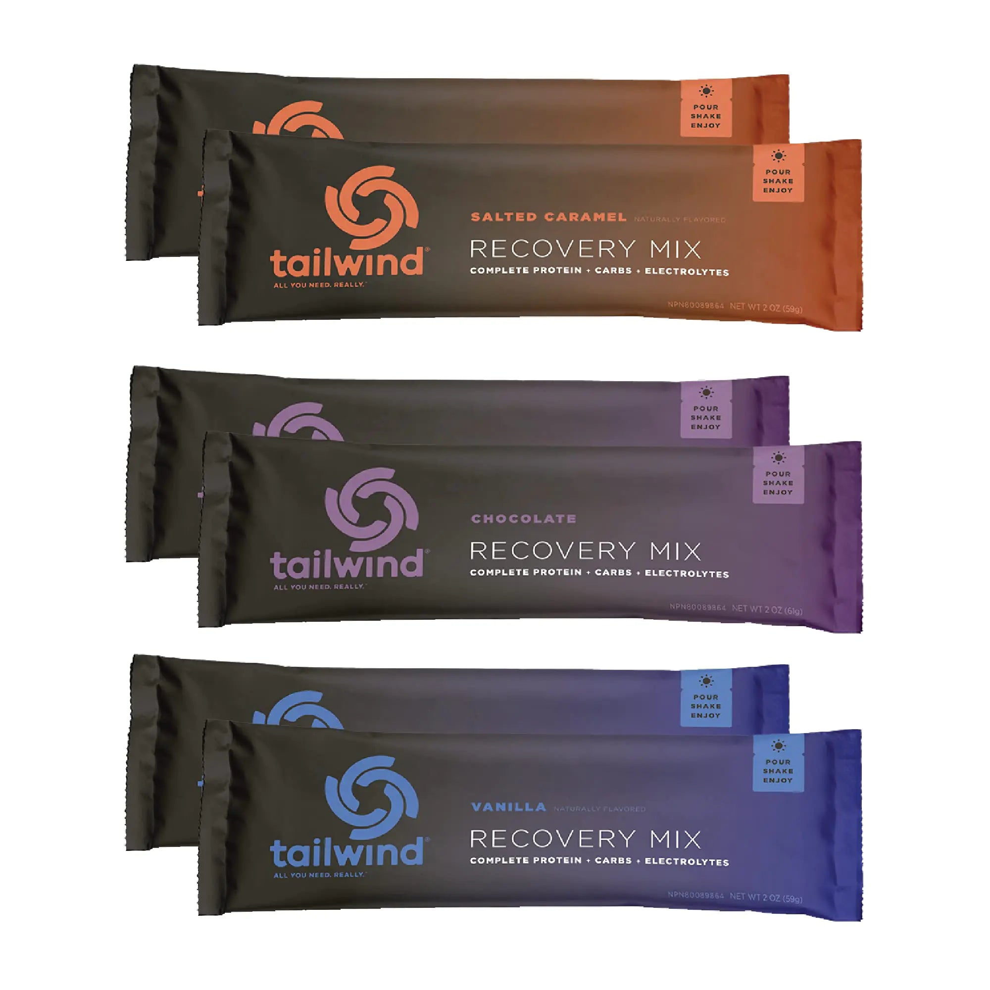 Tailwind Nutrition Grab-and-Go Recovery Mix Single-Serving Assortment 2 Chocolate 2 Vanilla and 2 Salted Caramel Flavors 6-Pack Sports Recovery Stick Packs