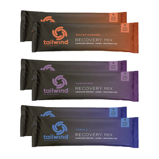 Tailwind Nutrition Grab-and-Go Recovery Mix Single-Serving Assortment 2 Chocolate 2 Vanilla and 2 Salted Caramel Flavors 6-Pack Sports Recovery Stick Packs