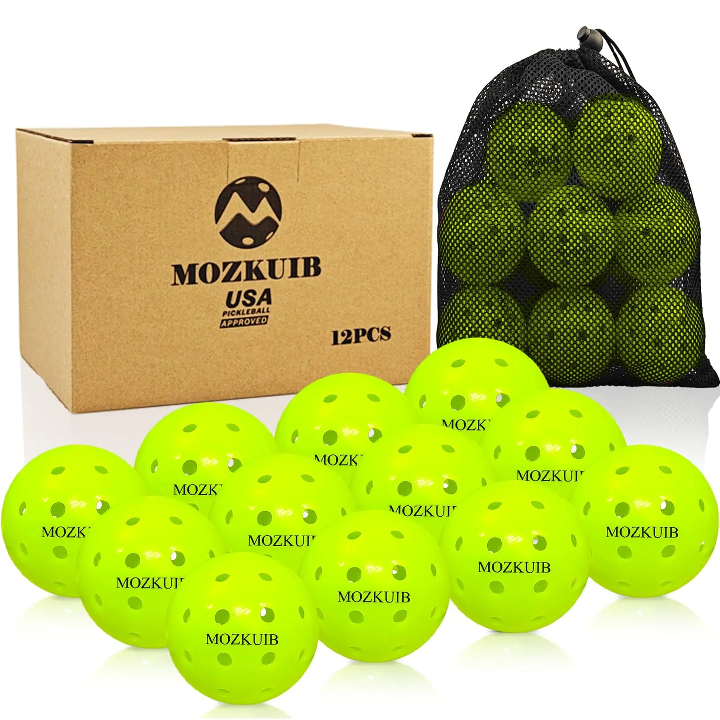 MOZKUIB Pickleball Balls 40 Holes Pickleballs High Bounce True Flight Practice Pickle Ball Crack-Resistant USAPA Approved 12 Pack Pickle Balls with Pickleballs Bag(Green)